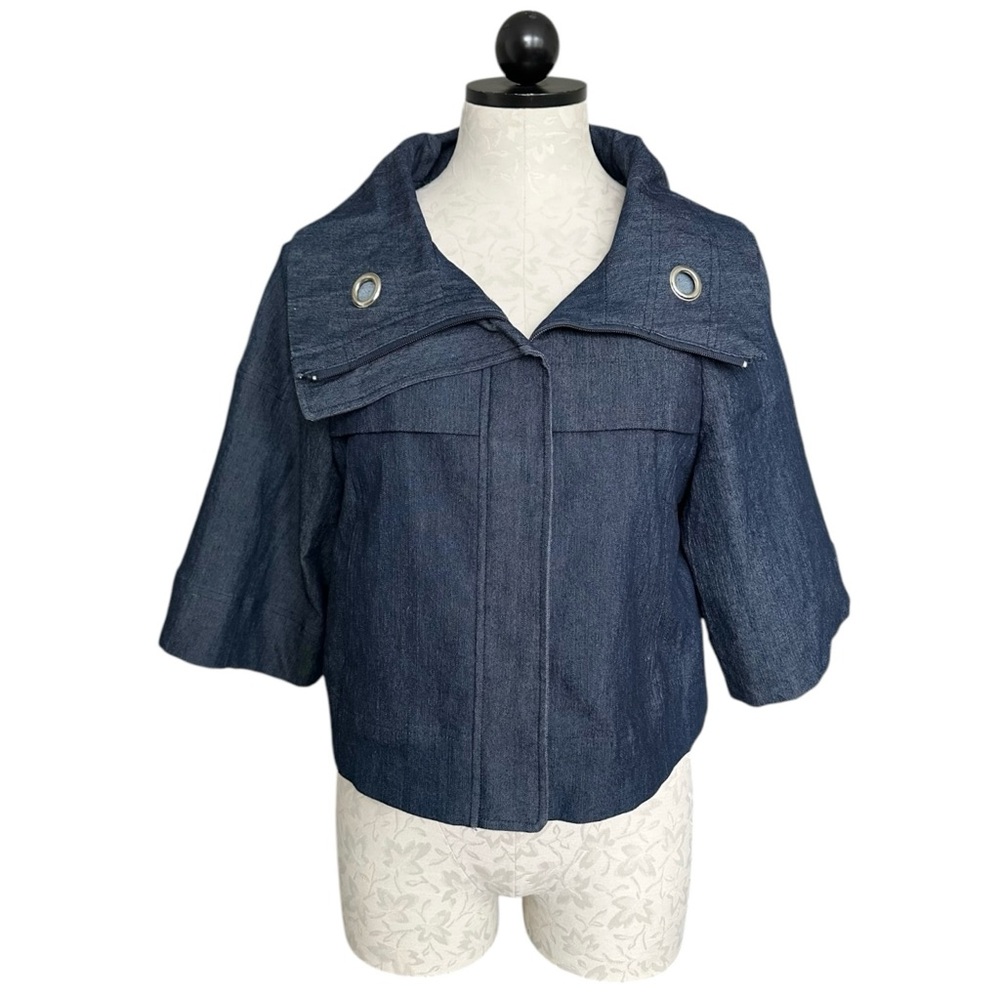 Sandro Sportswear Crop Denim Jacket Wide Collar Zip Front 3/4 Sleeve Size M